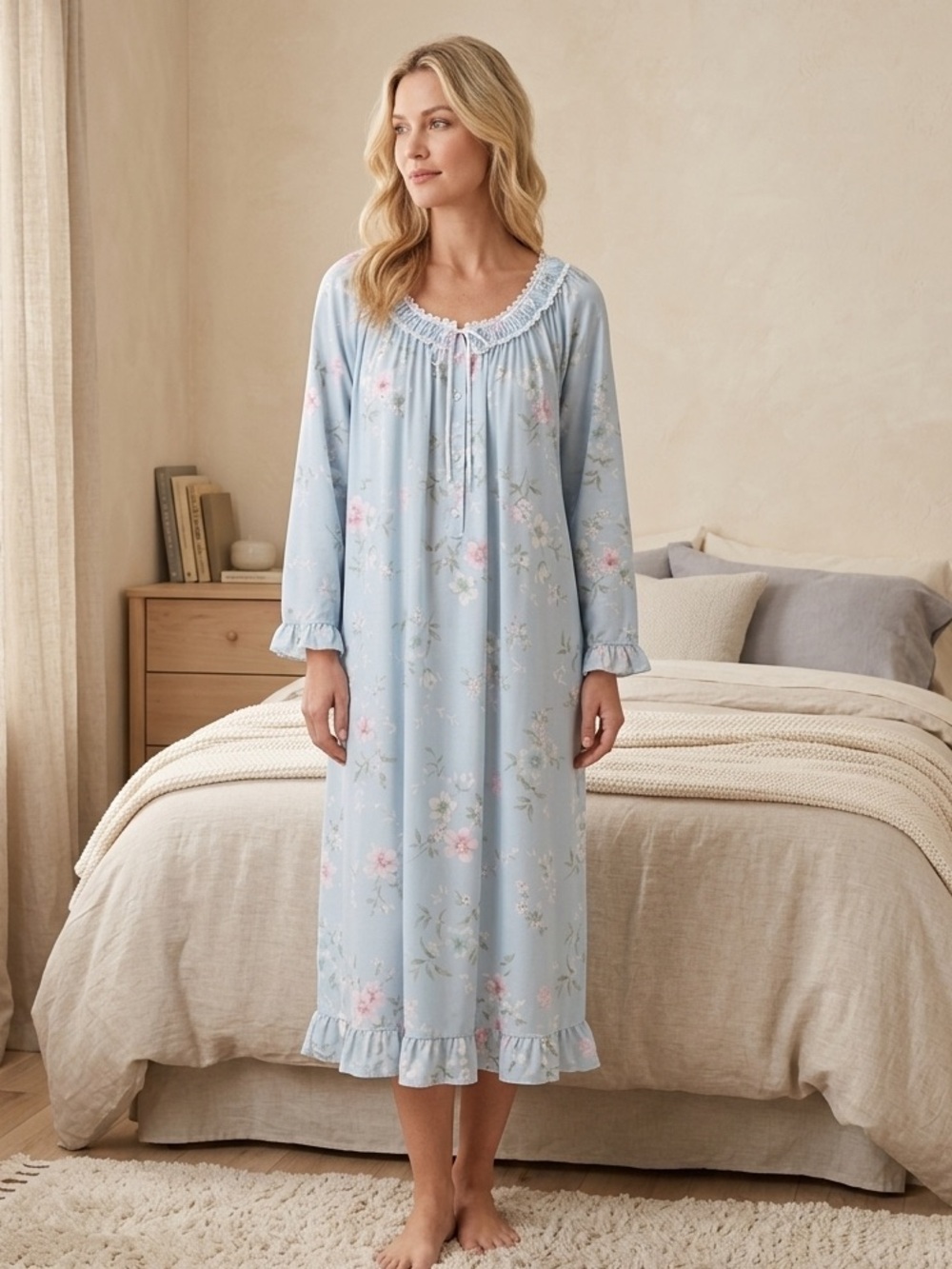 Eileen West Nightgown Ballet Floral Long Sleeve Blue Floral White Lace Ruffle M